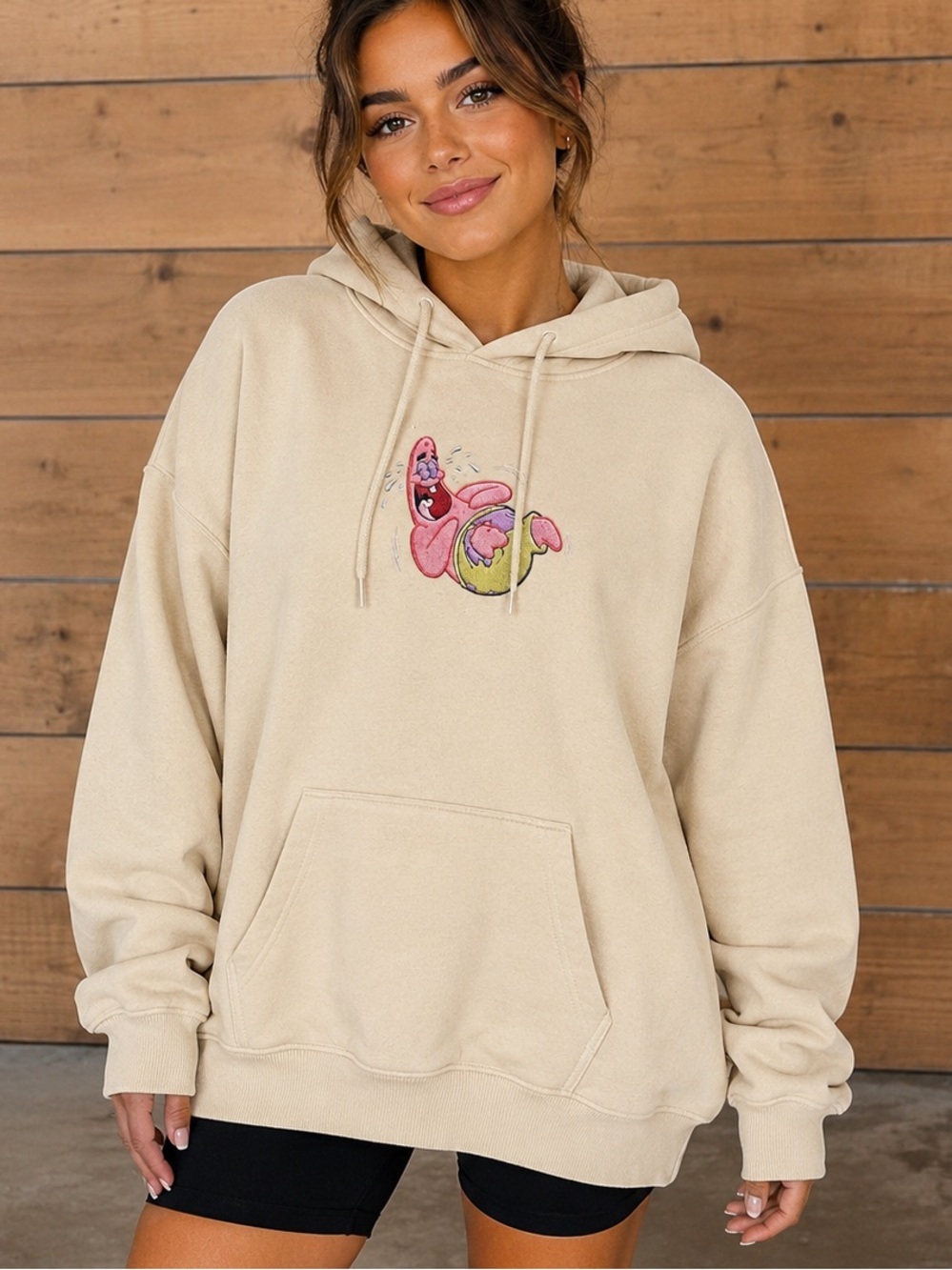 H&M Patrick star SpongeBob Cream Hoodie with Pink Graphic OVERSIZED SMALL